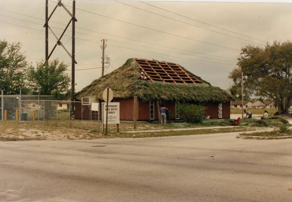 The original chickee-style thatched roof building that gave the church its name